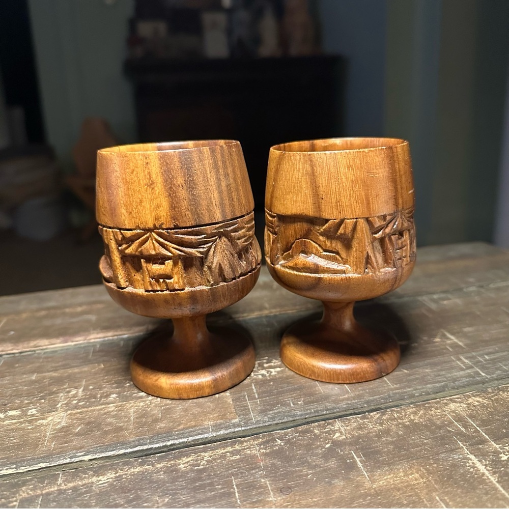 2 Vintage Monkeypod W Hand Carved Wooden Cups Goblets Tiki Hut Landscape. 4"H
